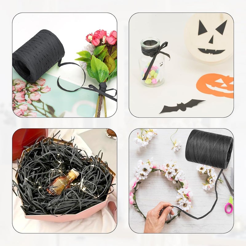 g2plus 218 Yards Raffia Paper Craft Ribbon, 1/4 Inch Wide Raffia Ribbon, Black Packing Paper String for Gift Wrapping, DIY Arts & Crafts, Halloween, Christmas Holiday Decor - Image 4
